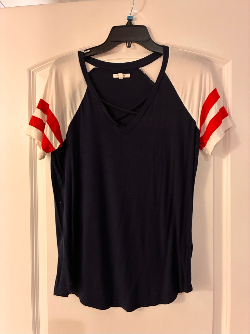 Maurices Navy Short Sleeve V-Neck baseball tee either White & Red Sleeve Stripes